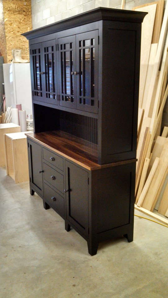 Maple china hutch finished with black lacquer. The black walnut top has a clear finish to accent the cabinet. - Copy